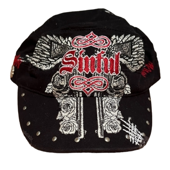 Affliction Accessories - Sinful by Affliction Military Designer Women's Cap, One Size, Black, White, Red